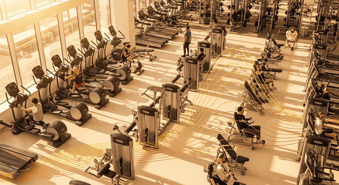 Overhead view of a busy gym floor with abstract golden heatmap overlay visualizing member traffic patterns.