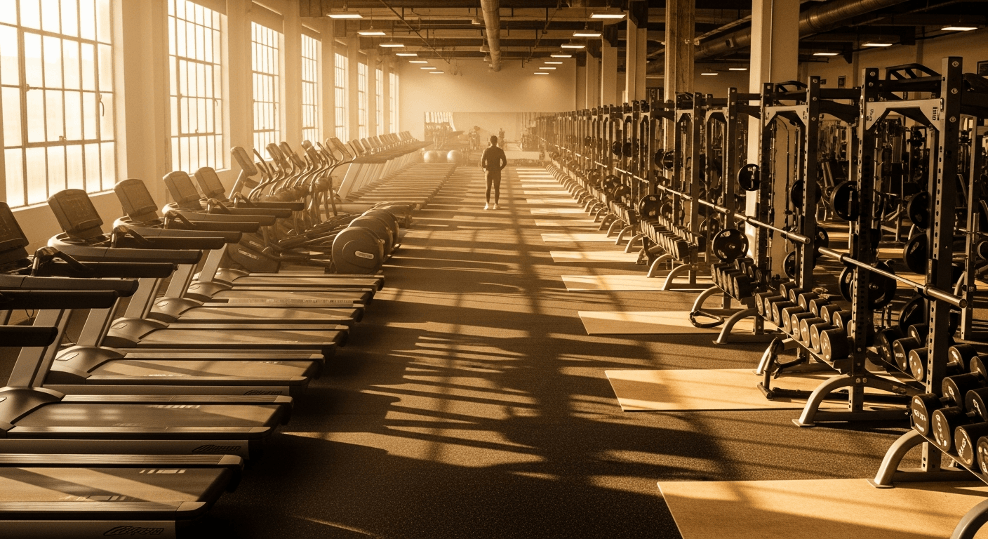Wide view of a spacious modern gym floor with rows of equipment bathed in warm golden light.