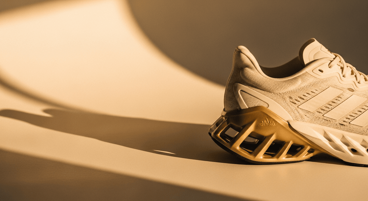Adidas running shoe with carbon-plate midsole captured in warm golden-hour light.