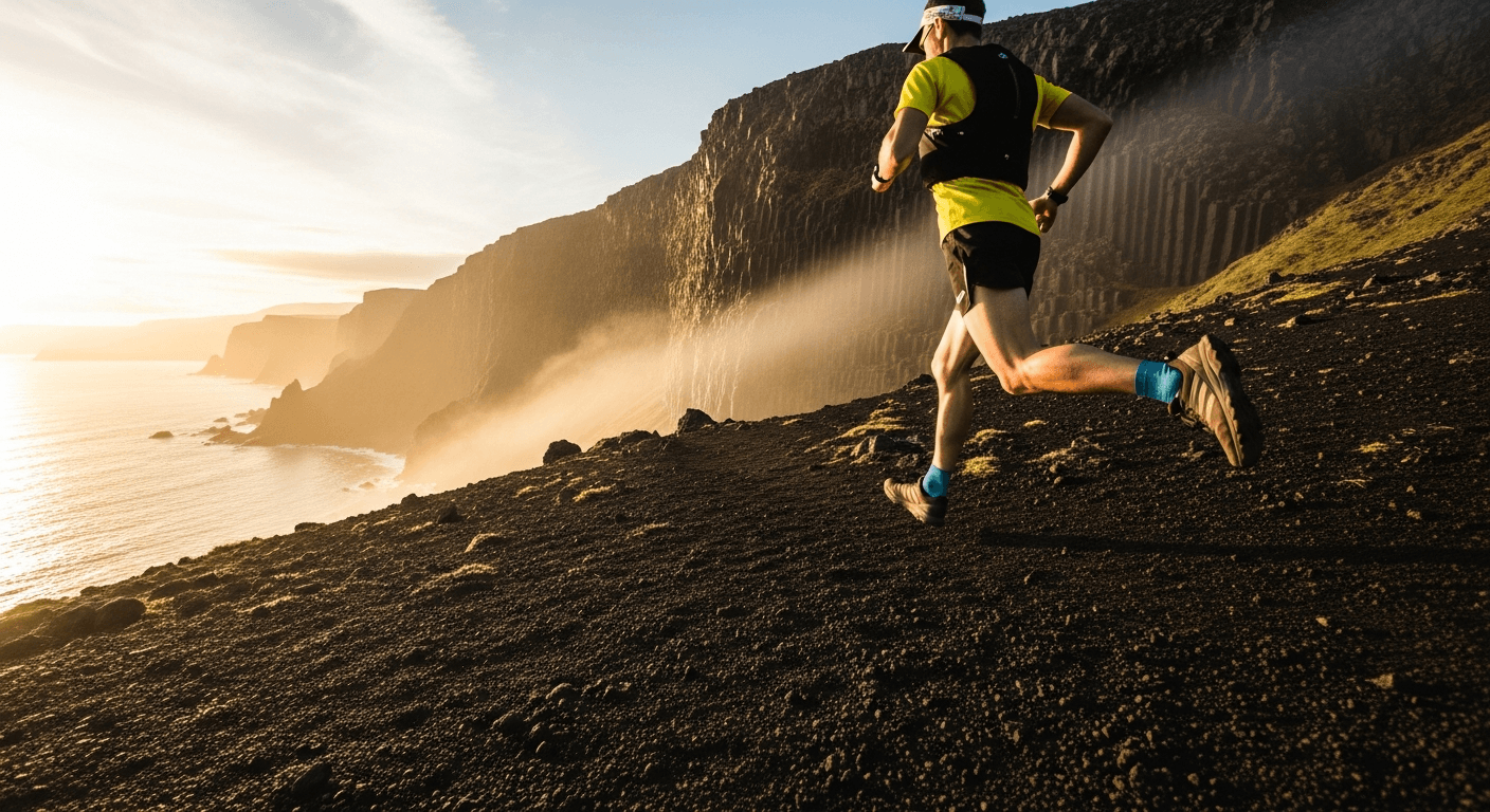 A trail runner in mid-stride on a volcanic ridgeline overlooking dramatic coastal cliffs and the Atlantic Ocean at golden hour.
