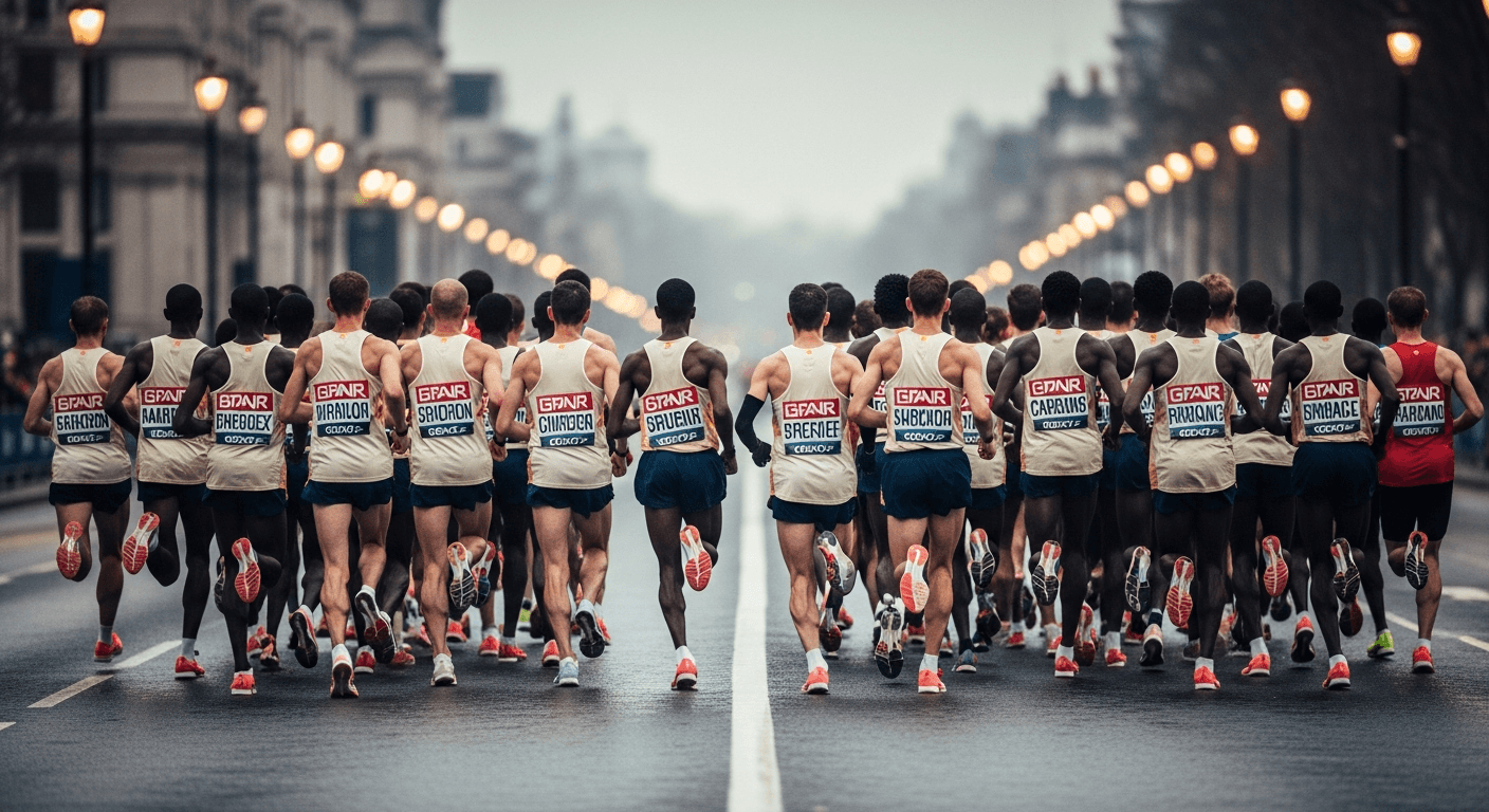 Elite marathon runners surging together down a wet city road at dawn, with the leading pair fractionally ahead of the group.