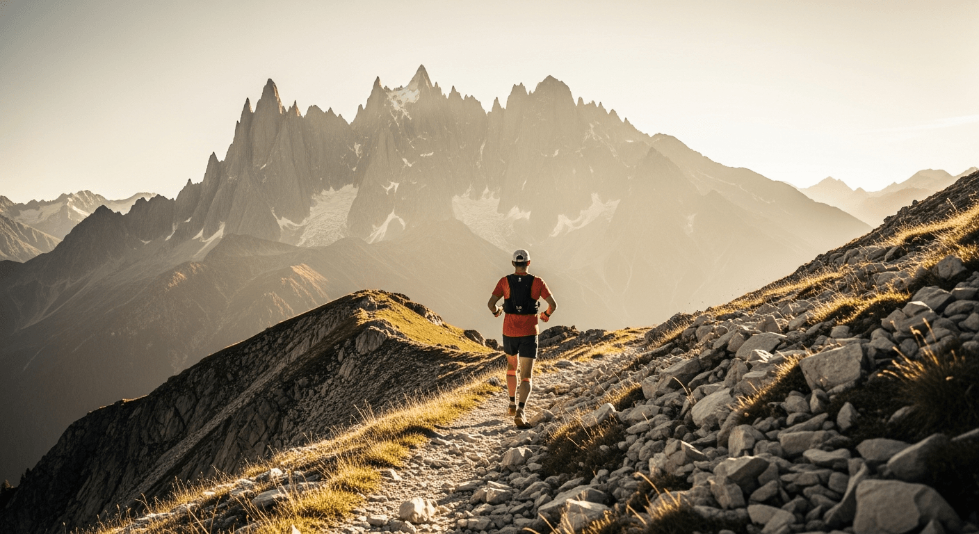 A trail runner strides solo on a rocky alpine path with Mont Blanc massif rising in the distance.