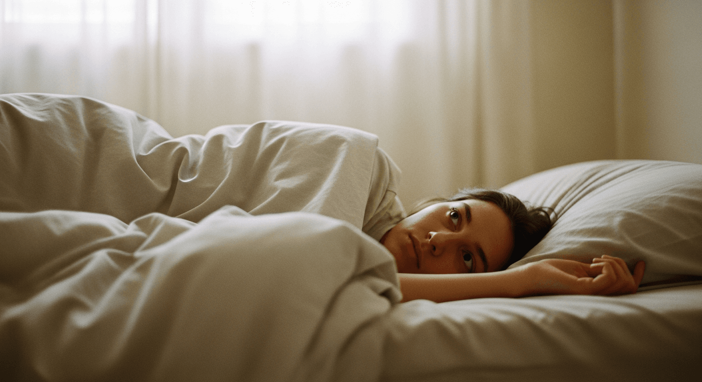 A person lying awake in bed at dawn with eyes open, bathed in soft warm light filtering through sheer curtains.