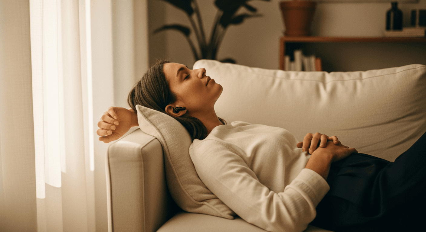 A person relaxing on a sofa with wireless earbuds, bathed in warm golden afternoon light.