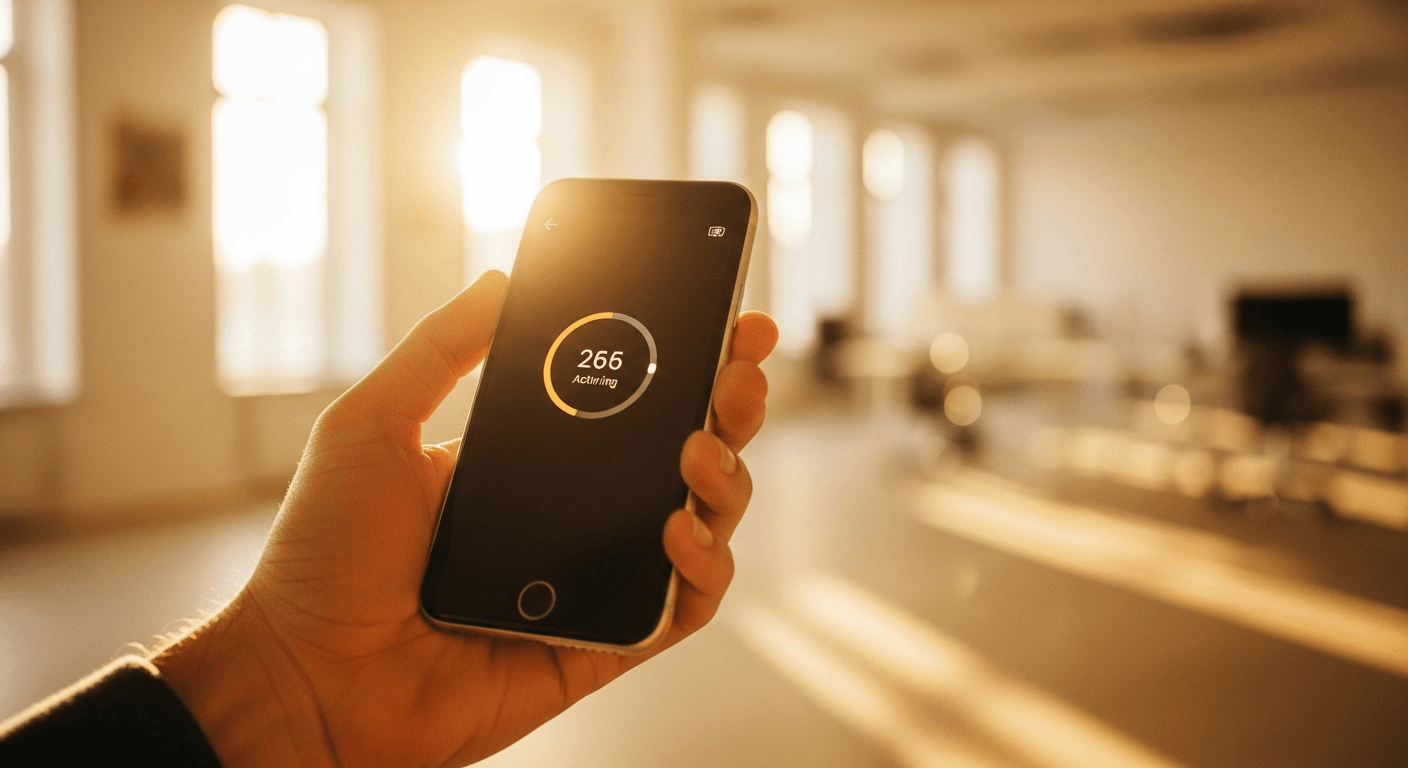 Person's hand holding a smartphone displaying activity metrics in a bright office workspace.