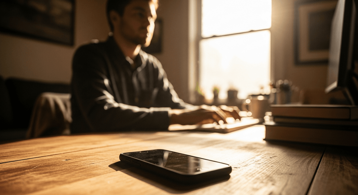 A remote worker distracted by a buzzing phone at their warm home desk, symbolizing workplace interruptions.