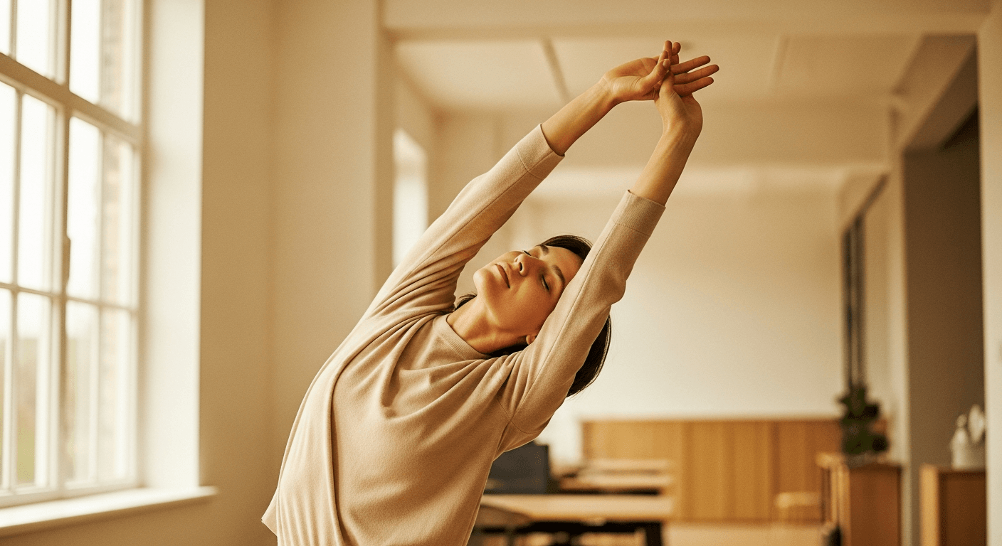 Office worker stretching overhead in chair with arms raised, bathed in warm natural light from window.