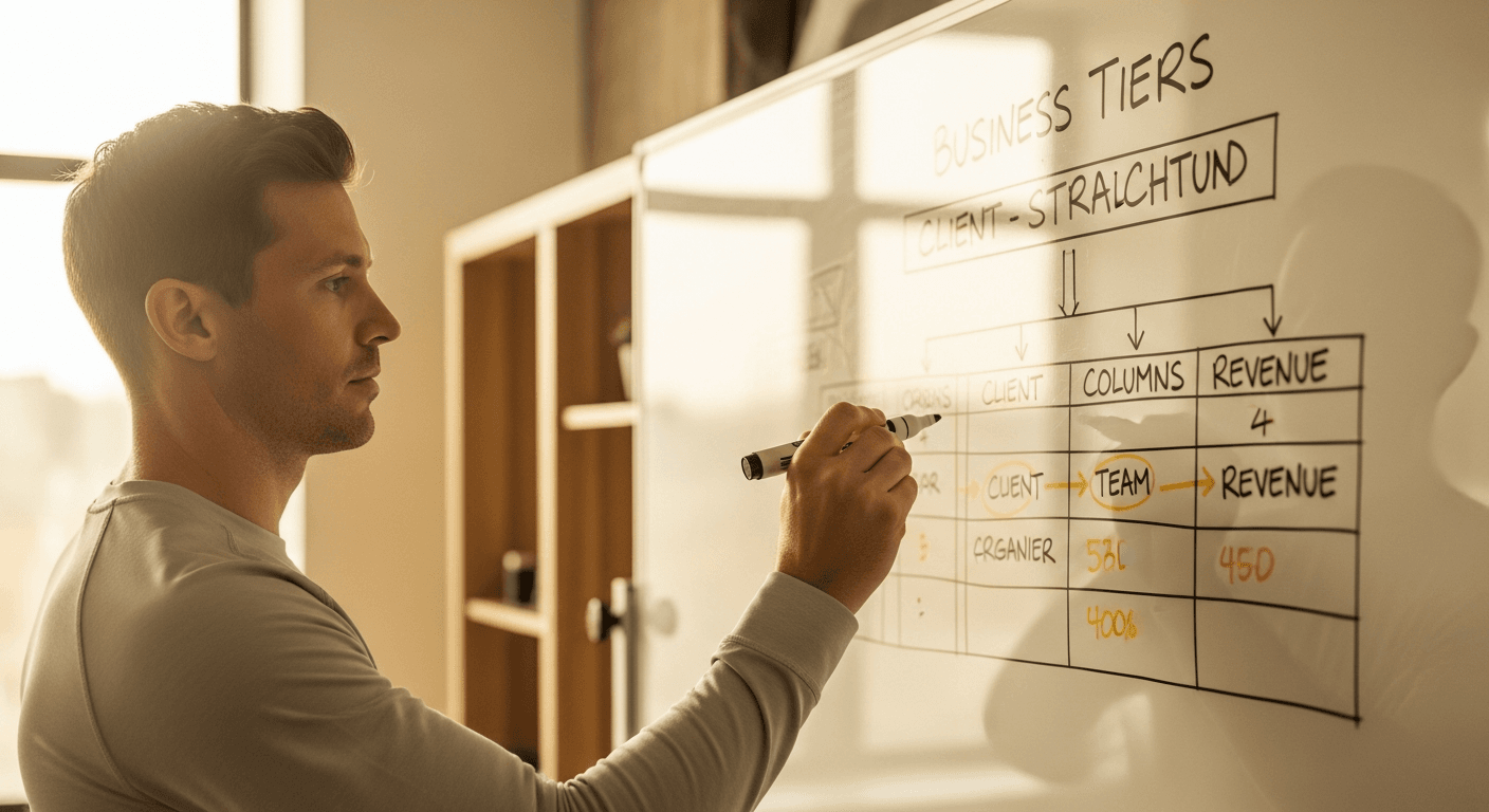A fitness coach reviews a business structure diagram on a whiteboard in a warm, natural-lit studio office.