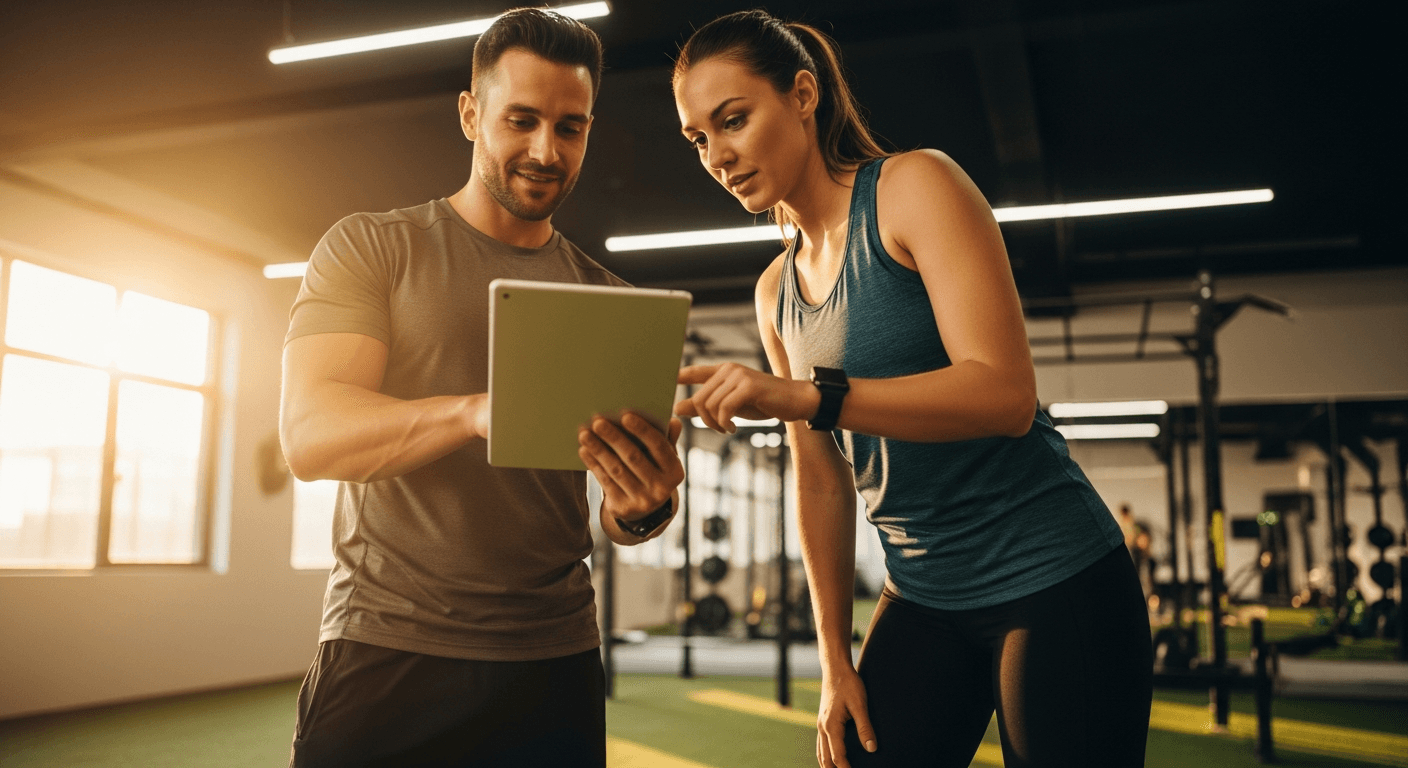 A personal trainer and client review information together on a tablet during a gym training session.