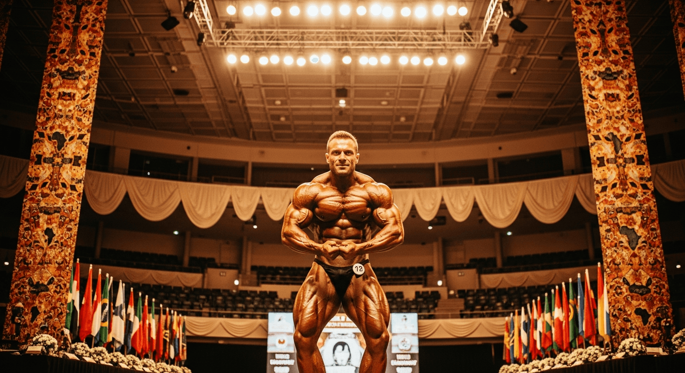 Muscular bodybuilder in double biceps pose on championship stage with international flags and African fabric banners.