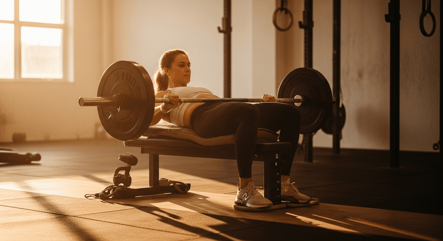 Female athlete performing a barbell hip thrust with fully elevated hips in a minimalist gym setting.