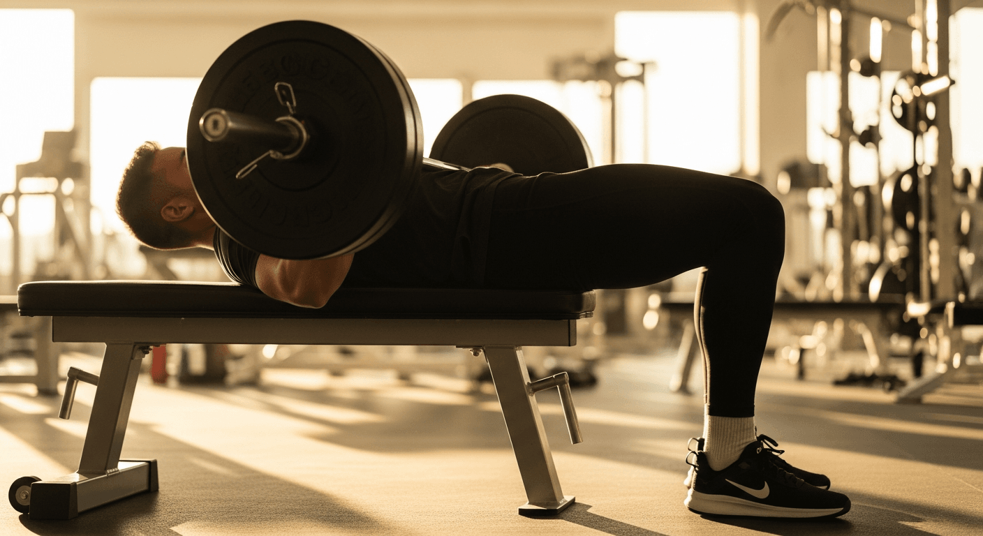 Athlete performing a barbell hip thrust at peak contraction, back elevated on bench, hips fully extended.