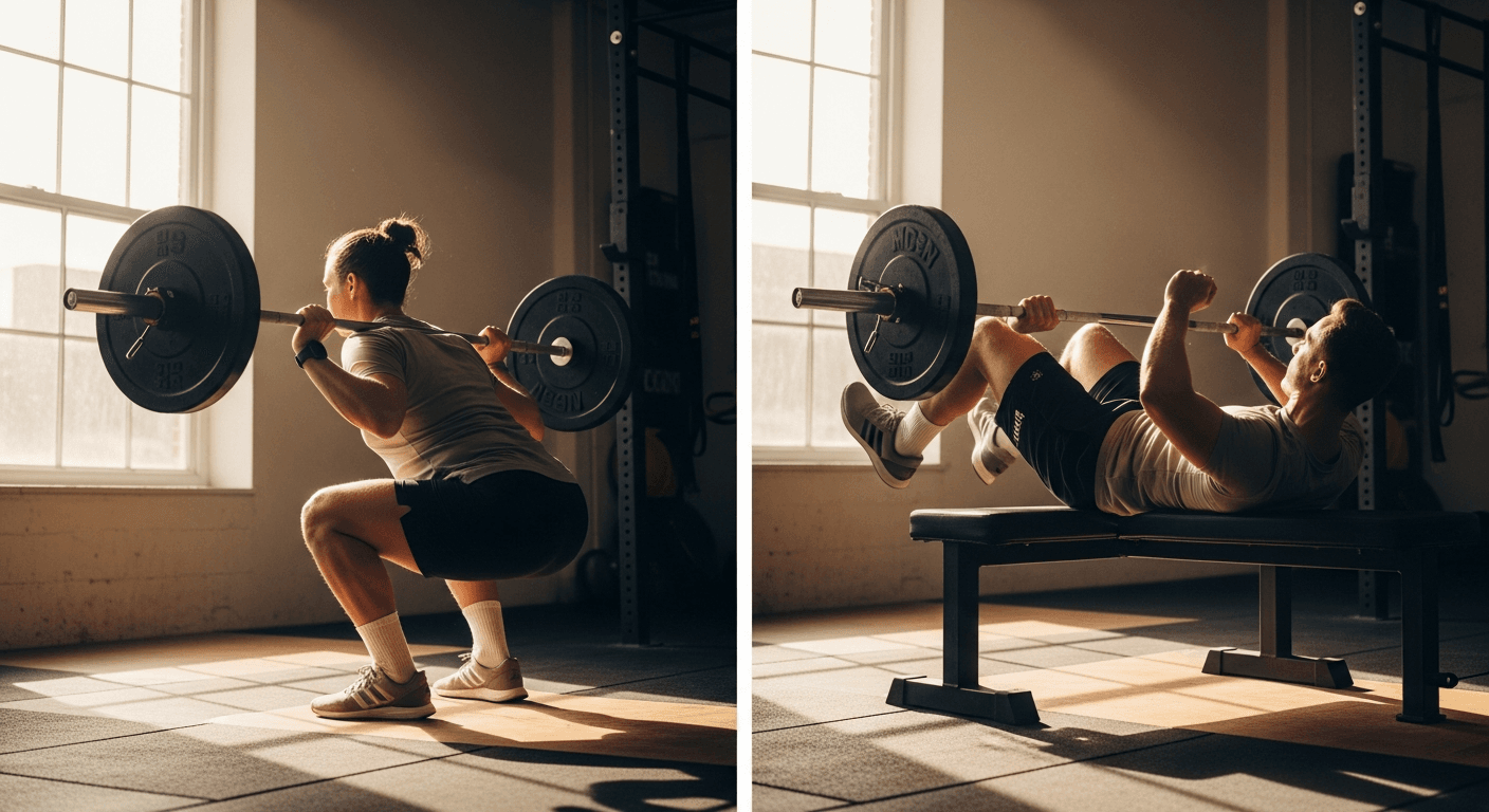 Split-screen comparison of an athlete performing a squat on the left and a hip thrust on the right in a gym.