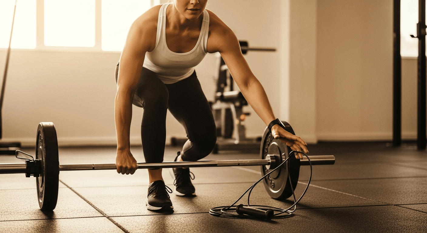 Fit person transitioning between a barbell and jump rope in a gym bathed in warm golden light.