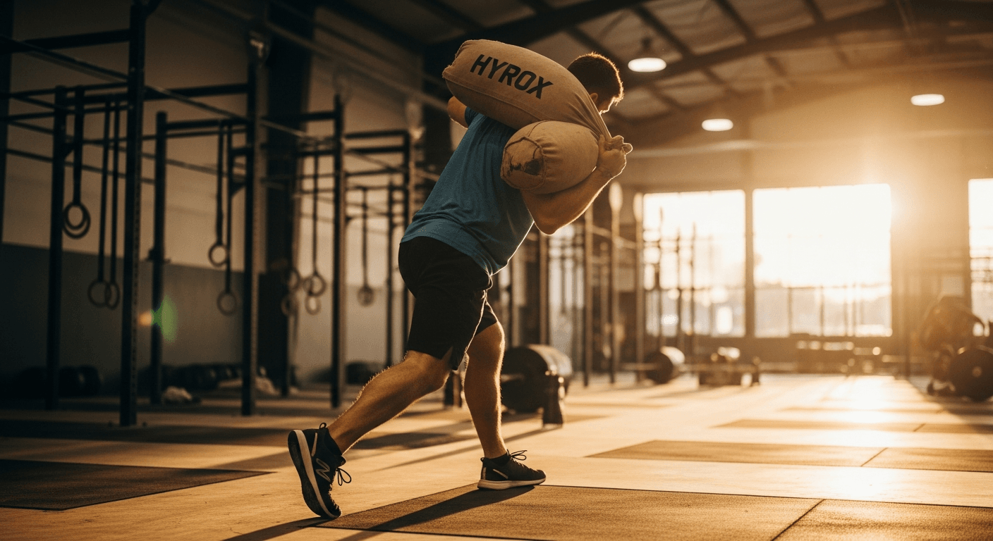 HYROX athlete carrying a heavy sandbag over shoulder during competition floor training.
