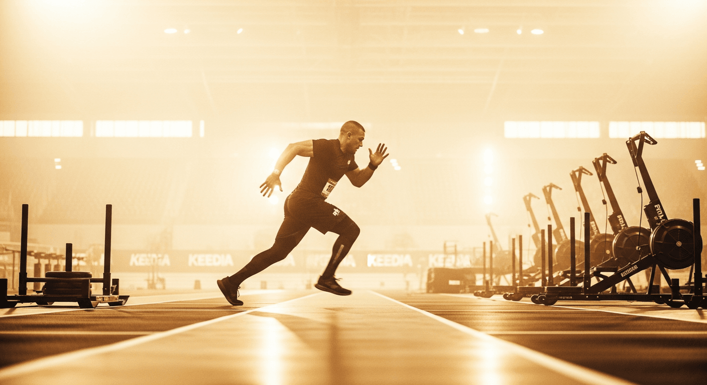 Male athlete running with controlled posture in a functional fitness arena under warm golden competition lighting.