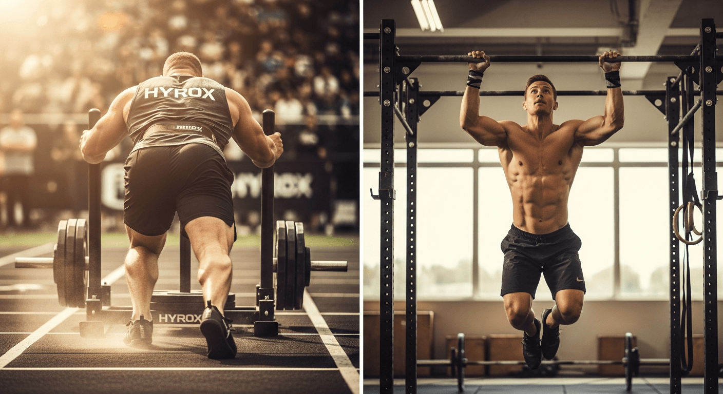 Side-by-side comparison of a HYROX athlete pushing a sled and a CrossFit athlete performing a pull-up.