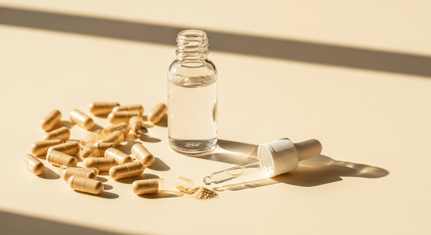Glass dropper bottle surrounded by translucent supplement capsules with spilled powder on warm cream surface.