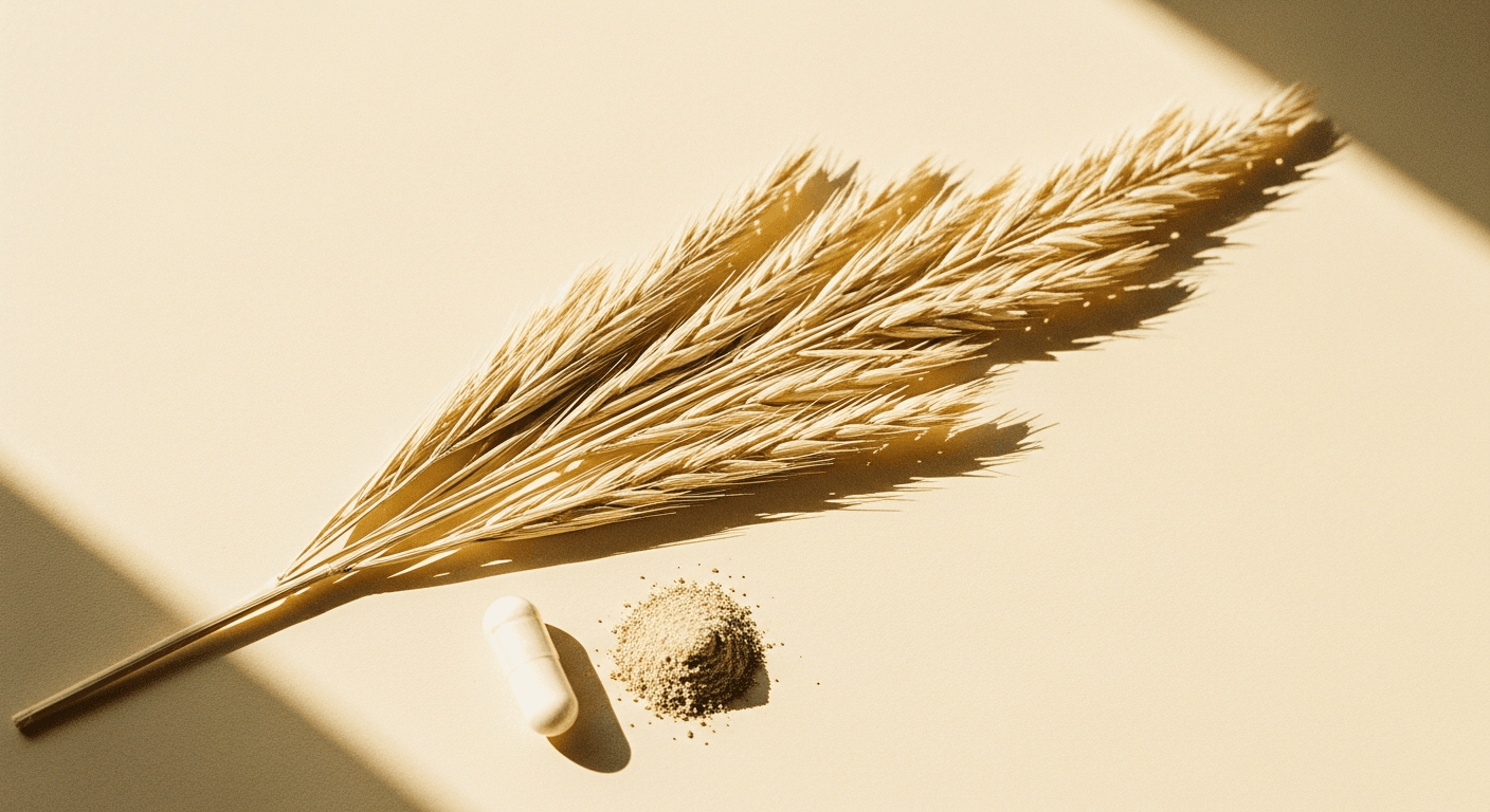 Dried napiergrass sprig with white supplement capsule and plant powder on cream surface.