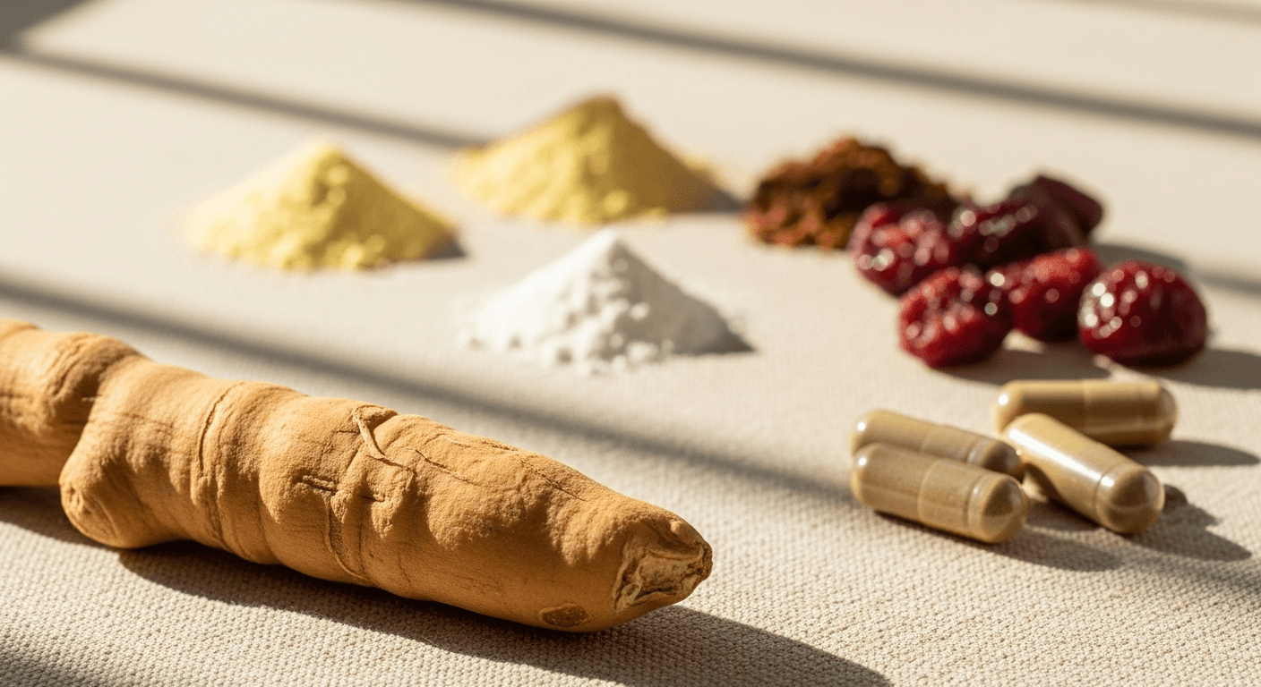 Plant-based muscle-support ingredients: ashwagandha root, pea protein powder, tart cherries, and capsules arranged on warm linen.