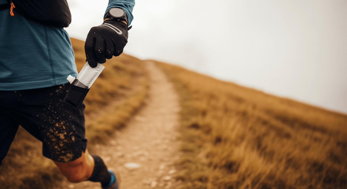 Trail runner in motion reaches into vest pocket for energy gel on a rocky mountain path.