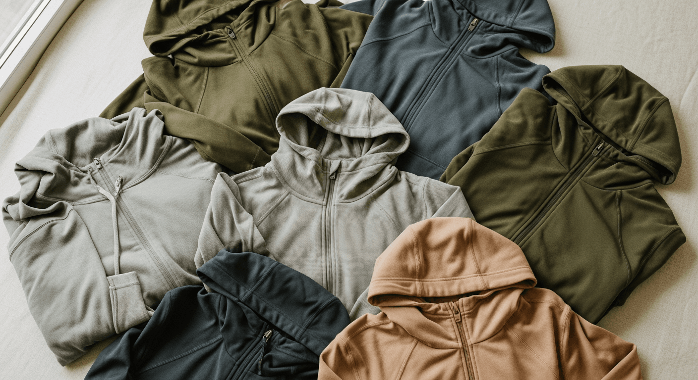 Overhead flat-lay of layered athletic jackets in muted earth tones on a warm cream surface.