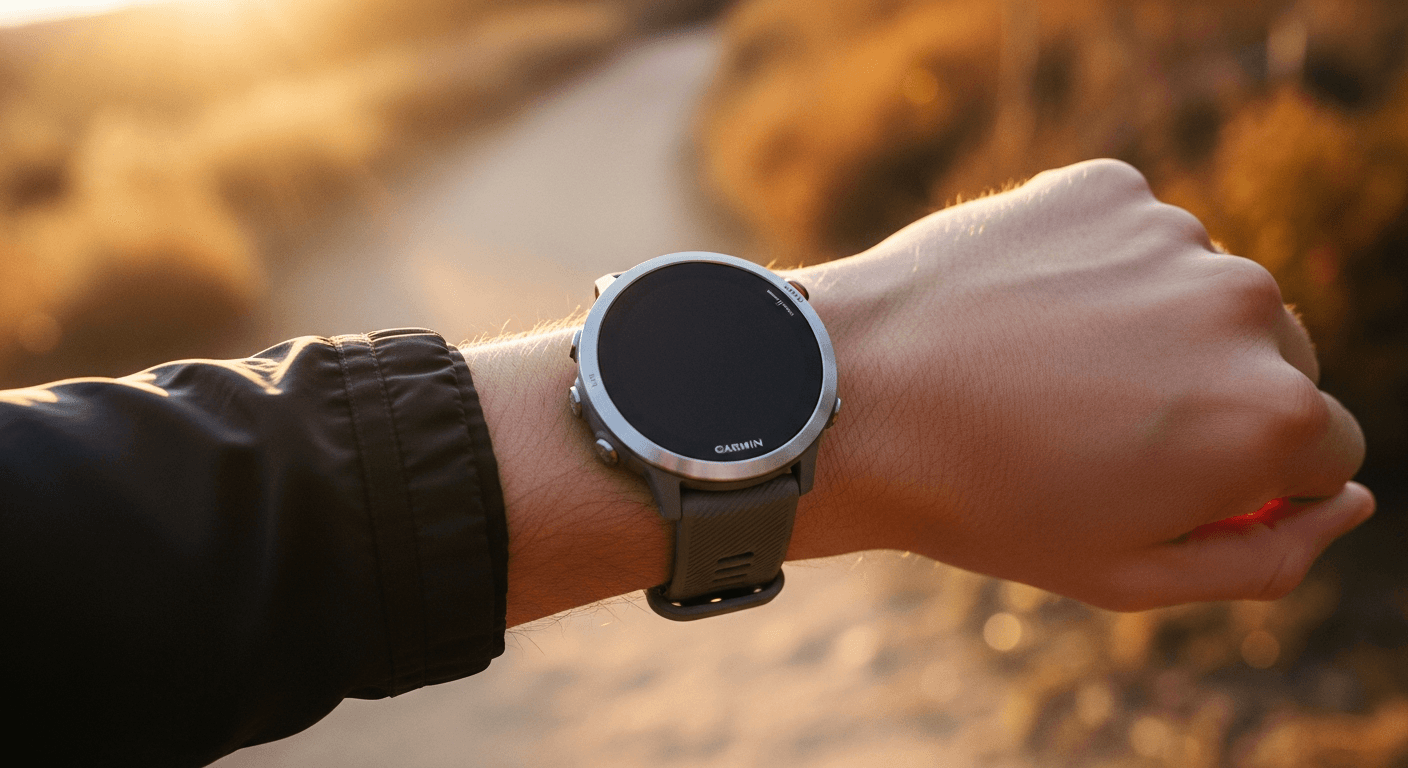 Garmin smartwatch on runner's wrist in motion on outdoor trail, captured in warm golden light.