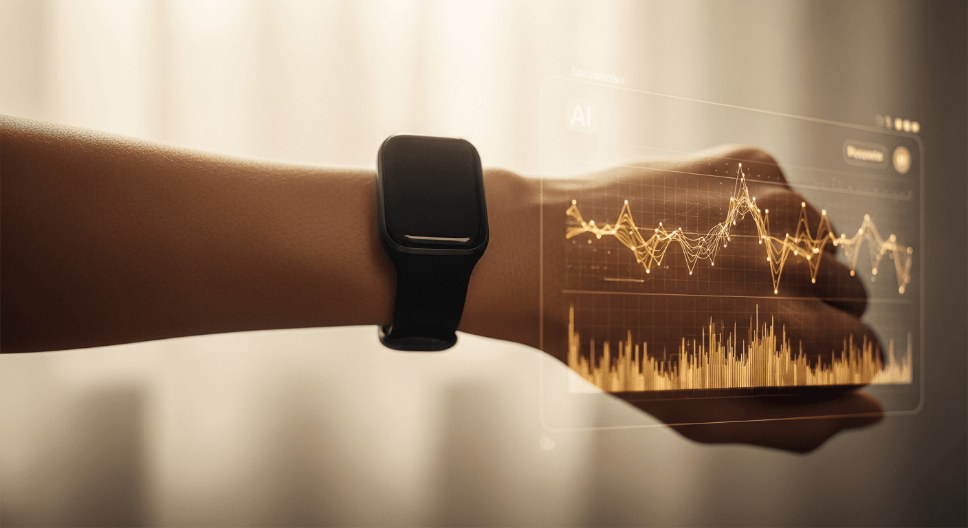 Athlete's wrist wearing a black smart fitness band mid-stride, backlit by warm golden light with blurred data visualization.