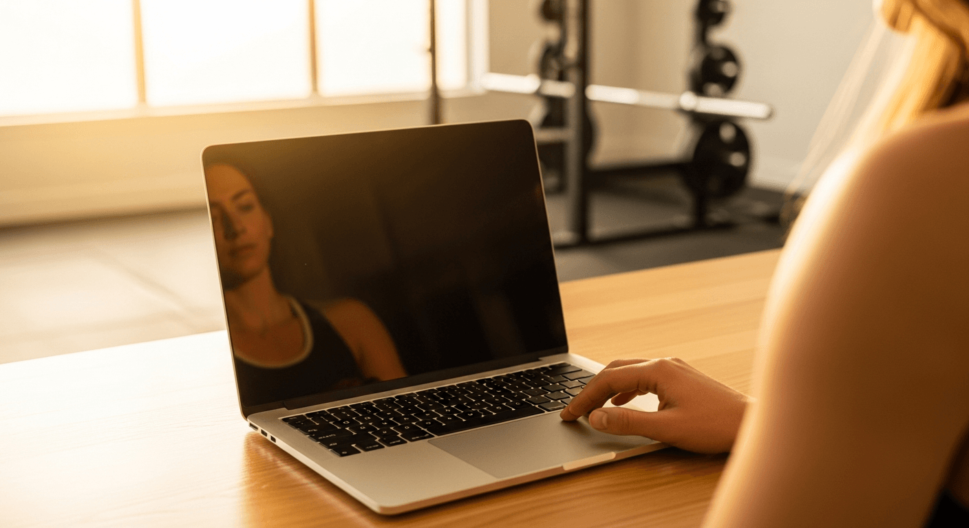 A fitness coach reviews client data on a laptop at a sun-lit desk in a studio gym setting.