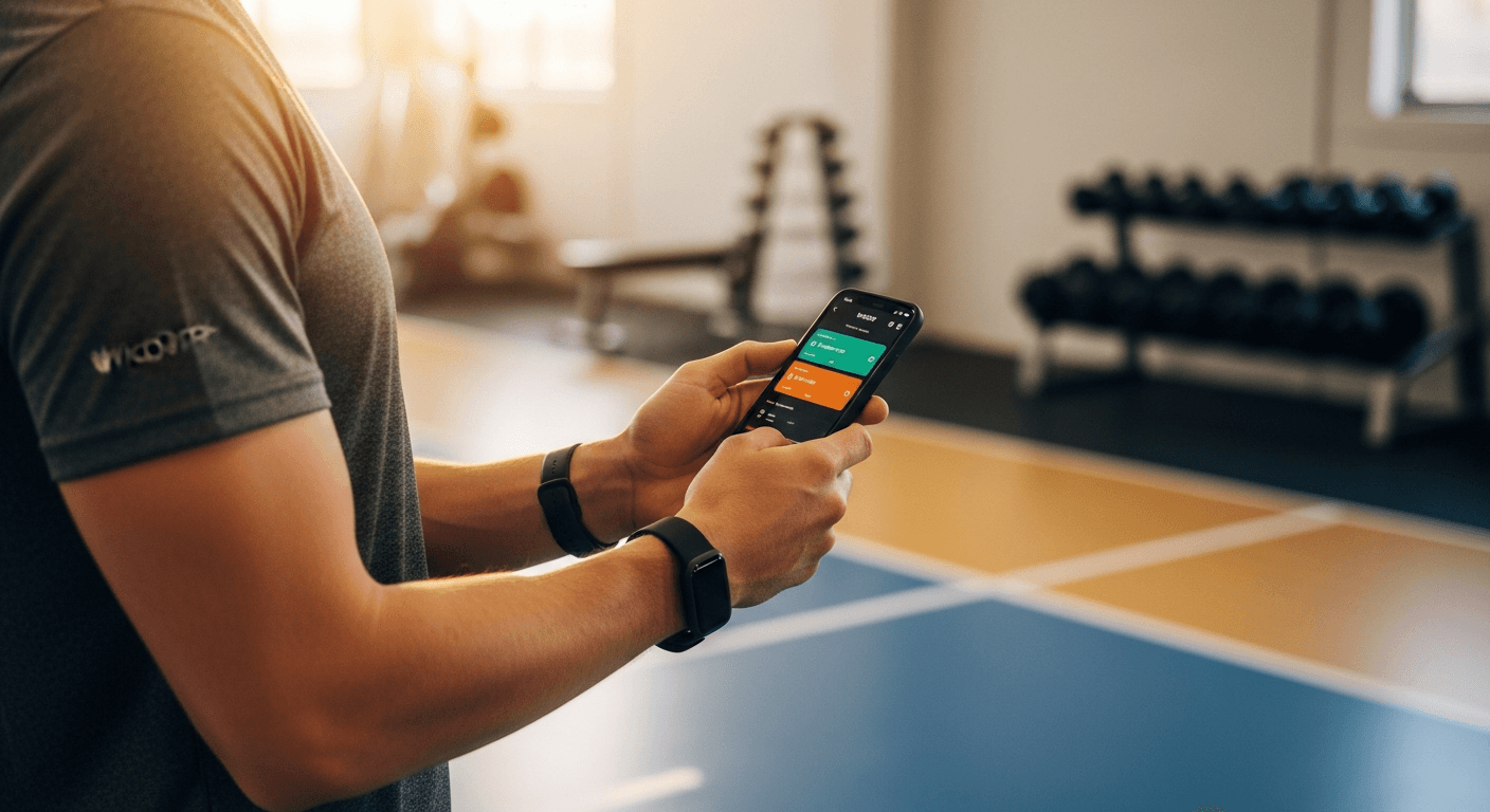 Coach in gym reviewing recovery data on smartphone with WHOOP band visible, bathed in warm natural light.