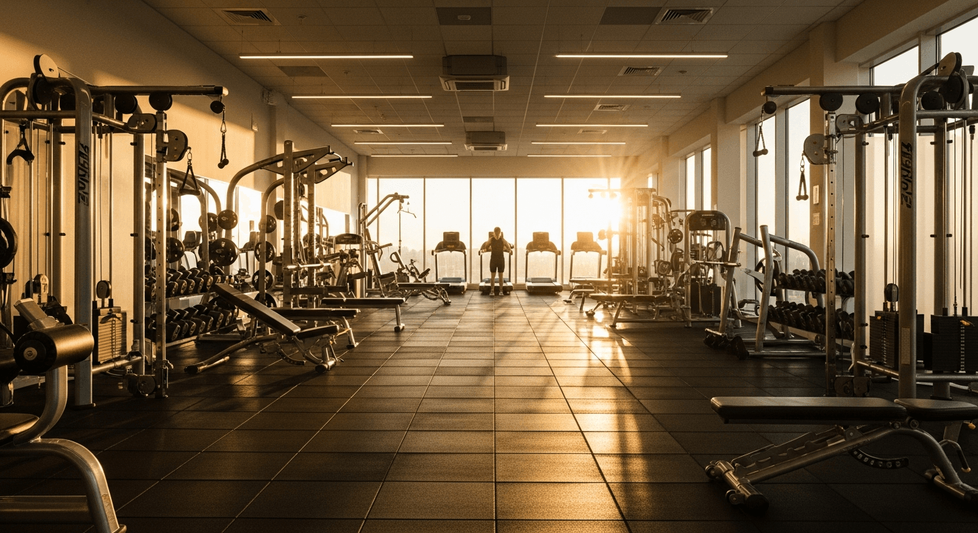 A premium European gym interior at golden hour, lined with equipment and a lone member exercising near sunlit windows.