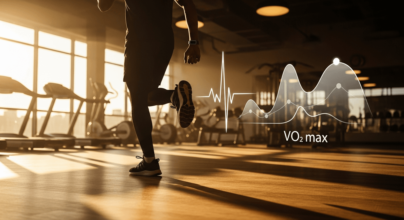 Athlete running in premium gym with wearable device and floating biometric data overlay.