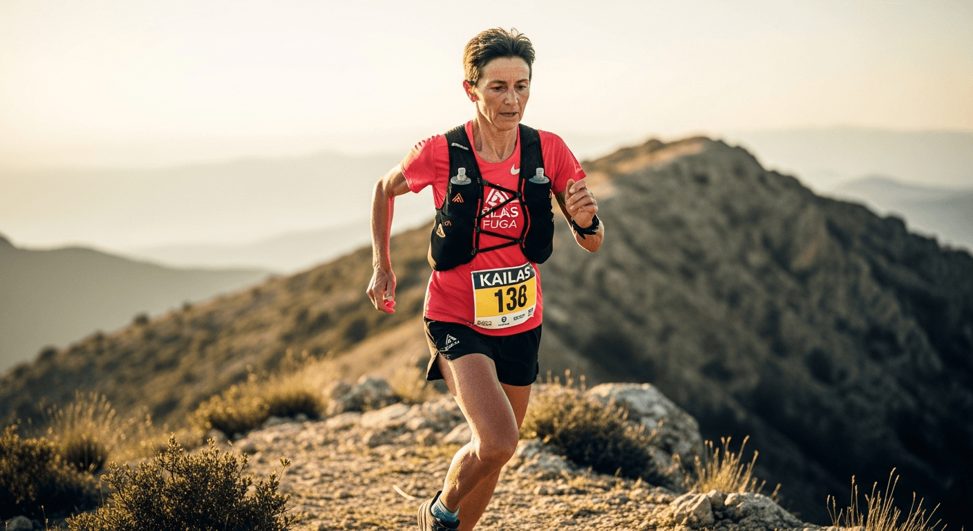 Mature female trail runner in motion on a rocky mountain ridge wearing a Kailas vest.