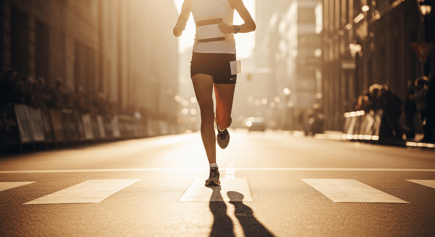 A female runner strides across a sun-warmed urban race course street during a marathon.