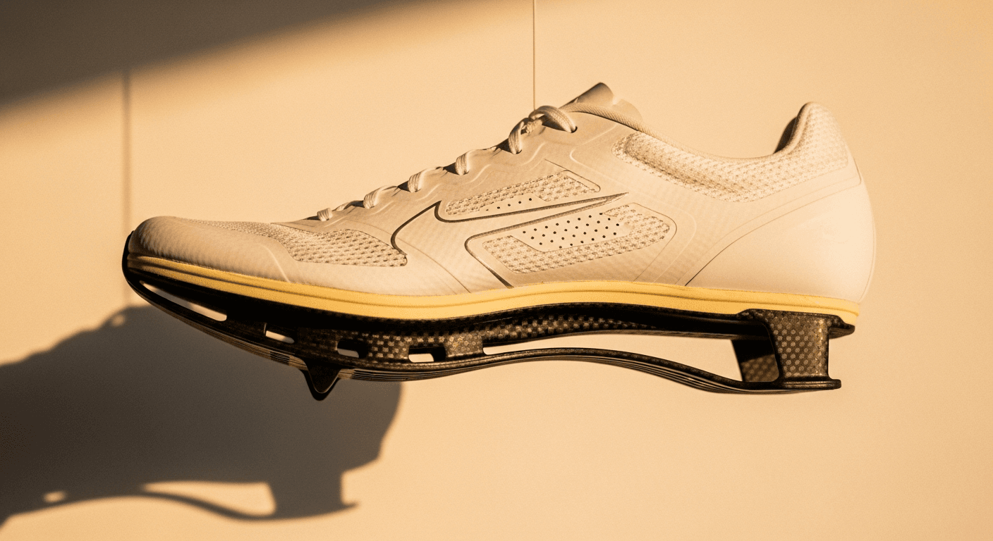 Ultra-lightweight racing shoe with visible carbon plate suspended in soft golden light against cream background.