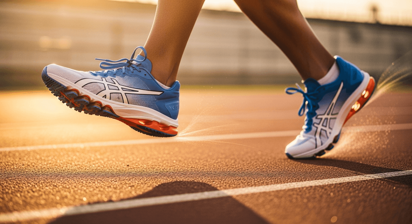 Blue and white racing shoe in motion on a track at golden hour, conveying speed.