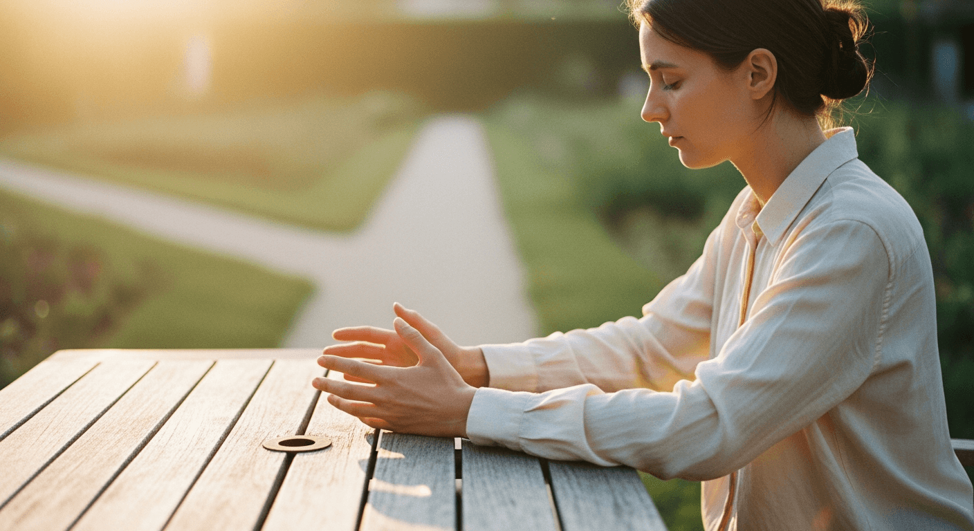 A person seated alone at a wooden table with eyes closed and open hands, surrounded by soft golden morning light in a garden.