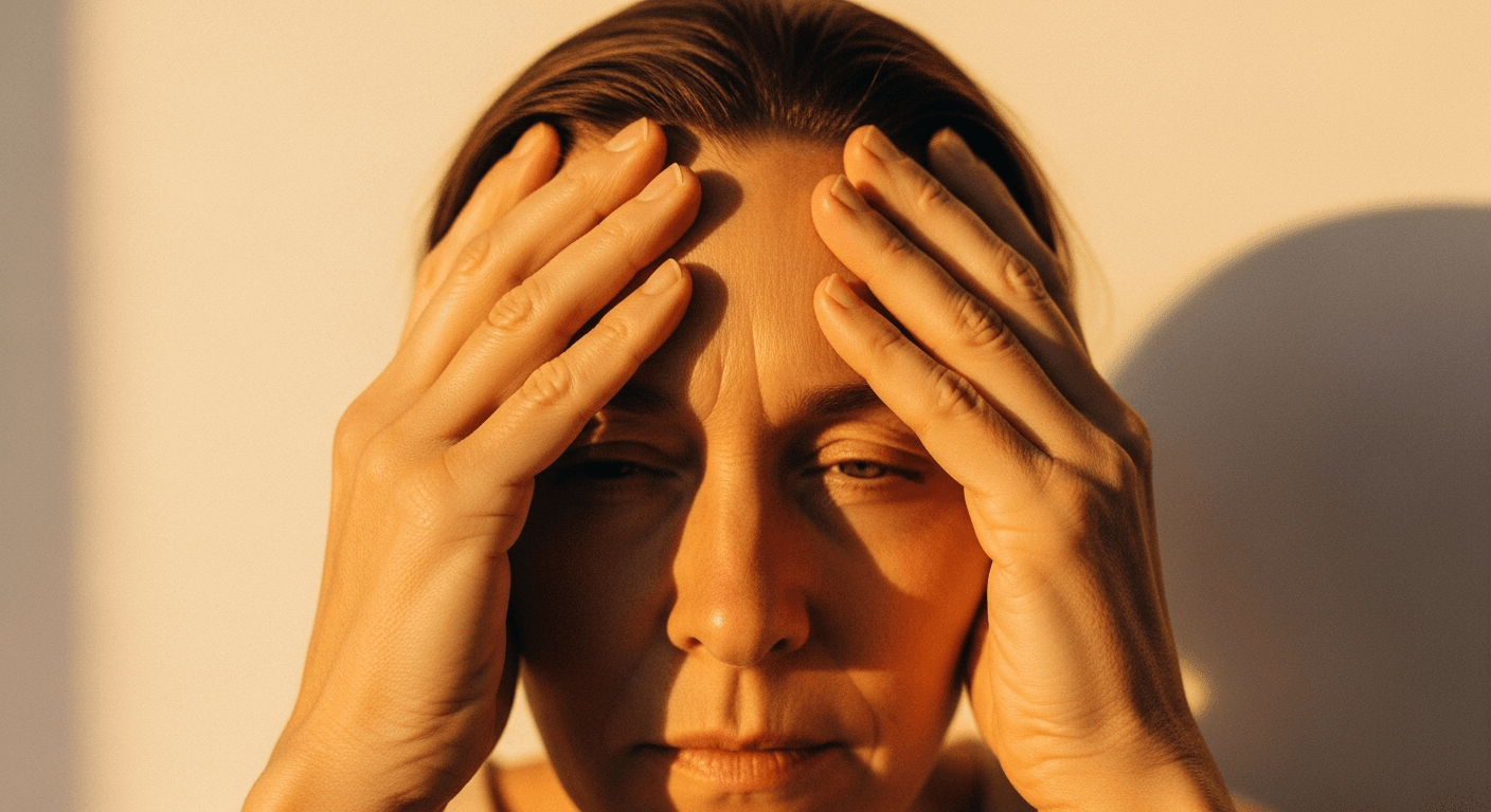 Close-up of hands pressed gently against temples in warm golden light.