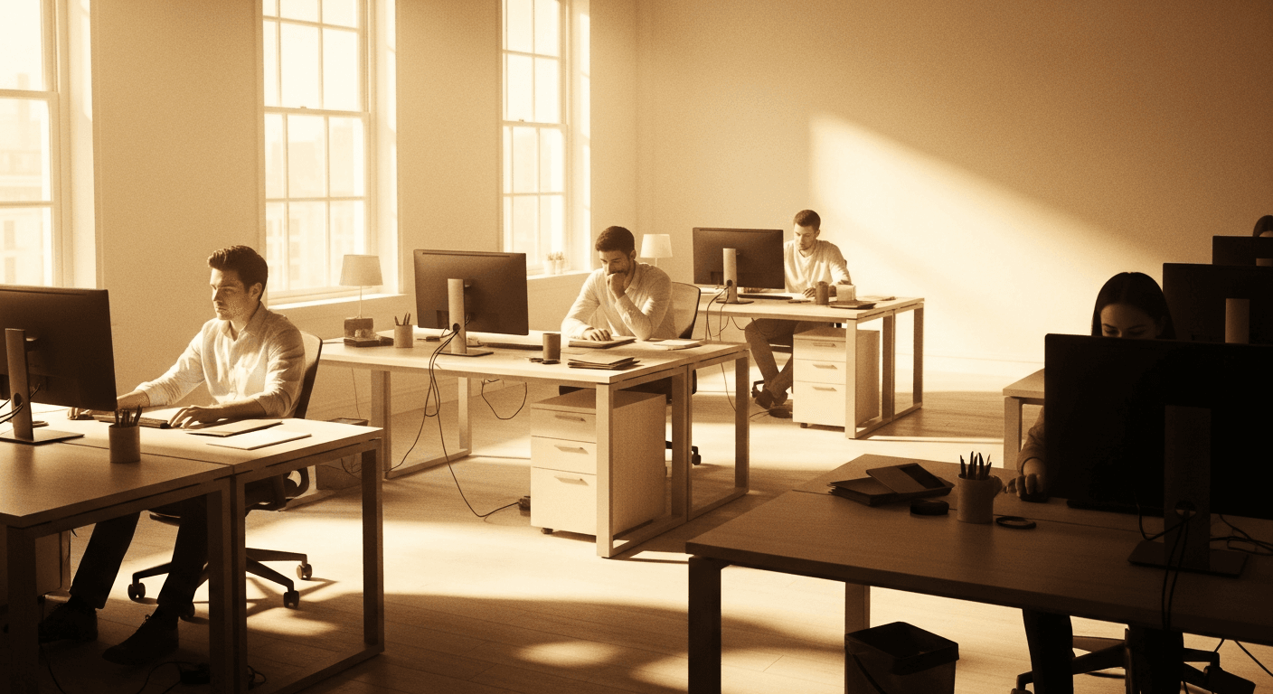 Open-plan office with four disengaged workers at separate desks, bathed in soft golden light, conveying workplace exhaustion.