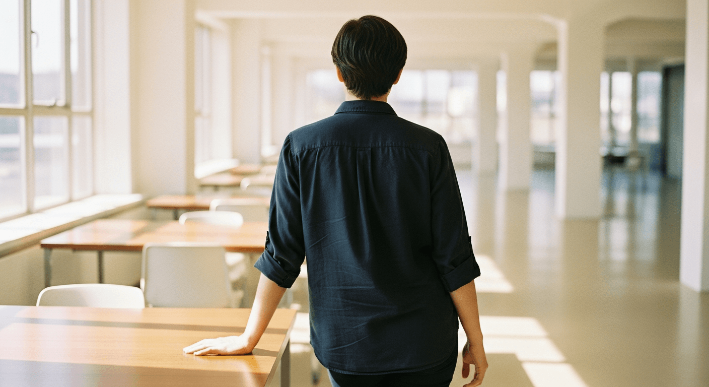 Person standing at a desk in a bright minimalist office with engaged upright posture.