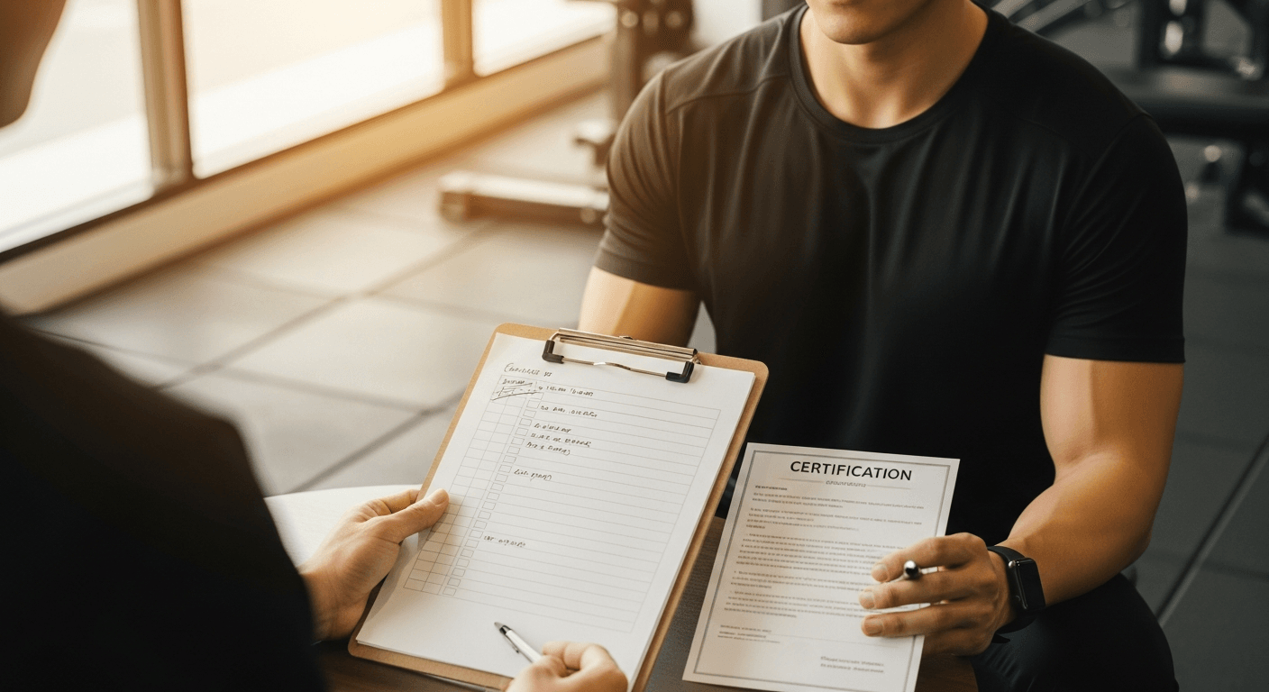 Personal trainer holding a handwritten checklist at a table, photographed from the client's seated perspective in golden light.