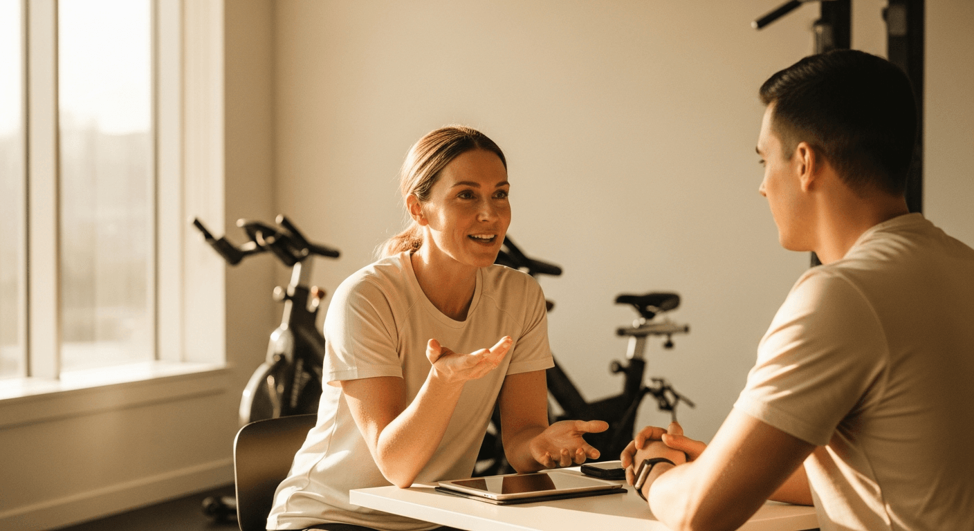 A personal trainer explains services to an engaged client at a bright gym table.