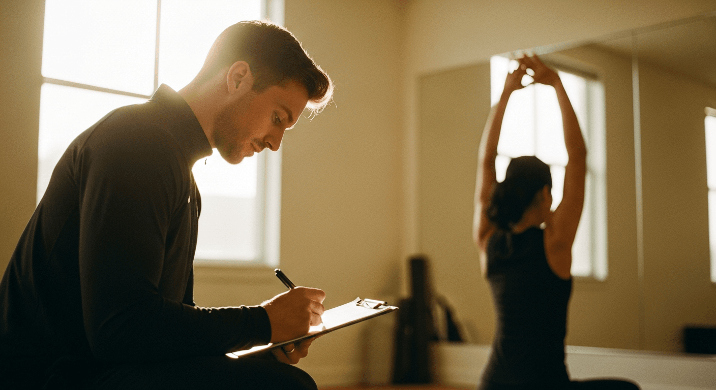 A coach takes notes on a clipboard while a client performs an overhead movement in a bright, softly-lit gym studio.