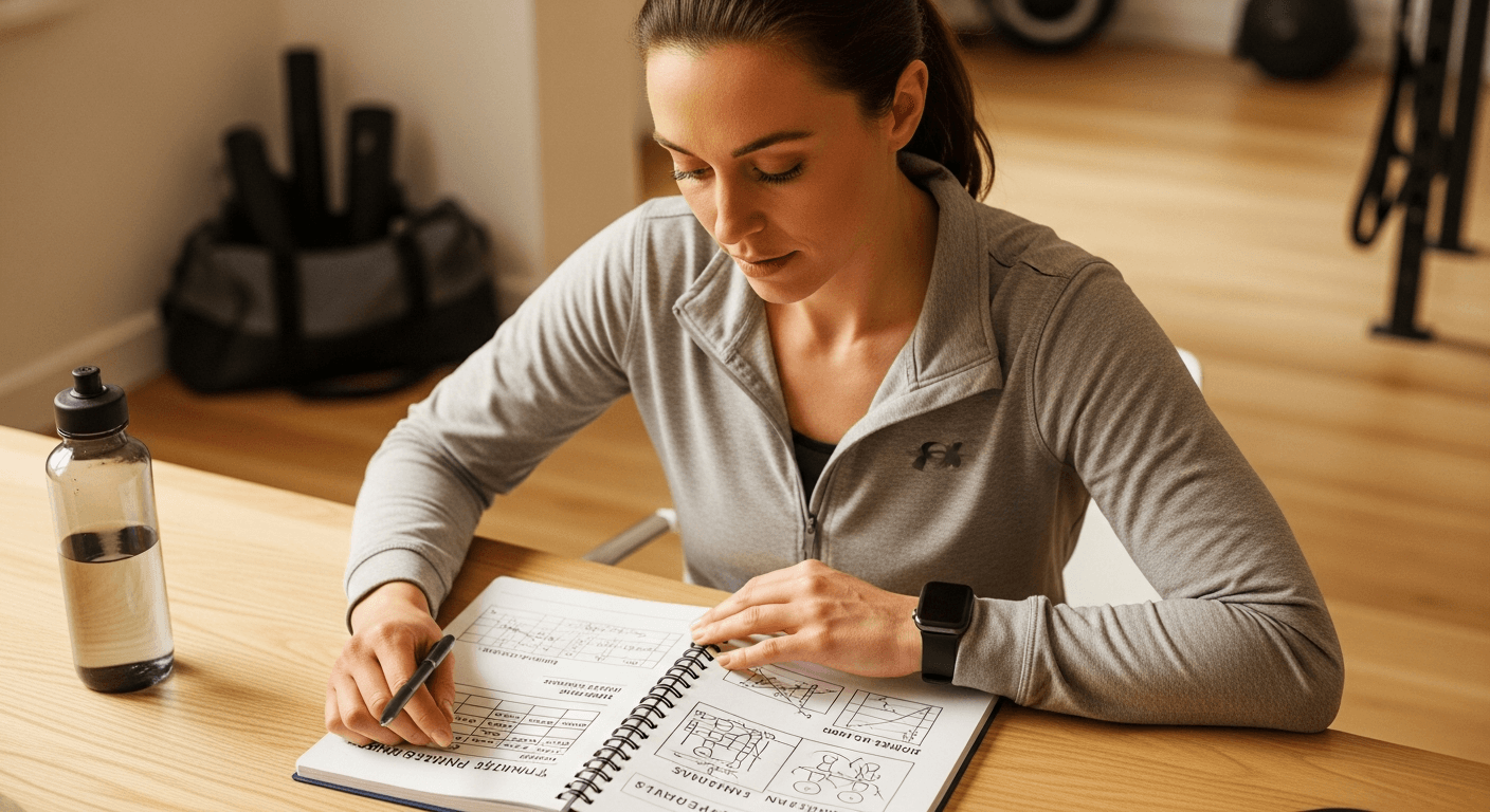 Female coach reviewing hand-written training notes at a wooden desk in warm natural light.