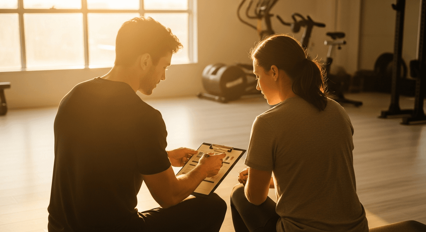 A personal trainer and client review fitness goals together on a clipboard in a sunlit gym.