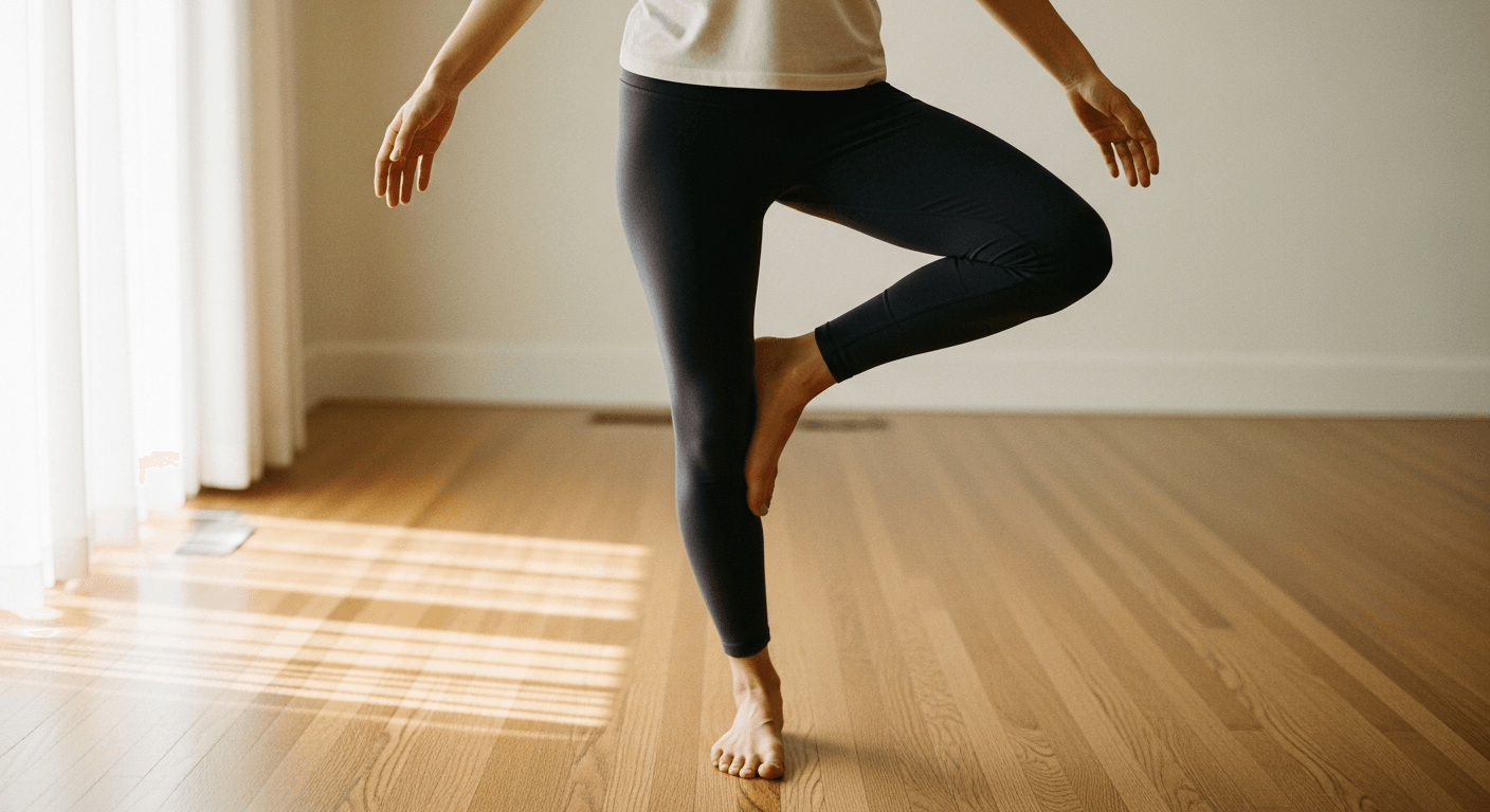 Person performing a single-leg balance hold on hardwood flooring in soft natural morning light.