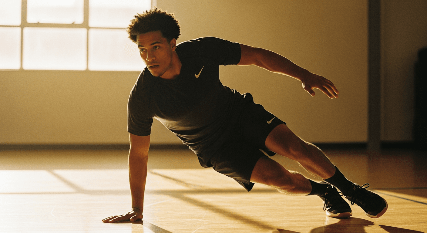 Male athlete performing a dynamic lateral cut with focused intensity, arms driving for balance in warm golden light.
