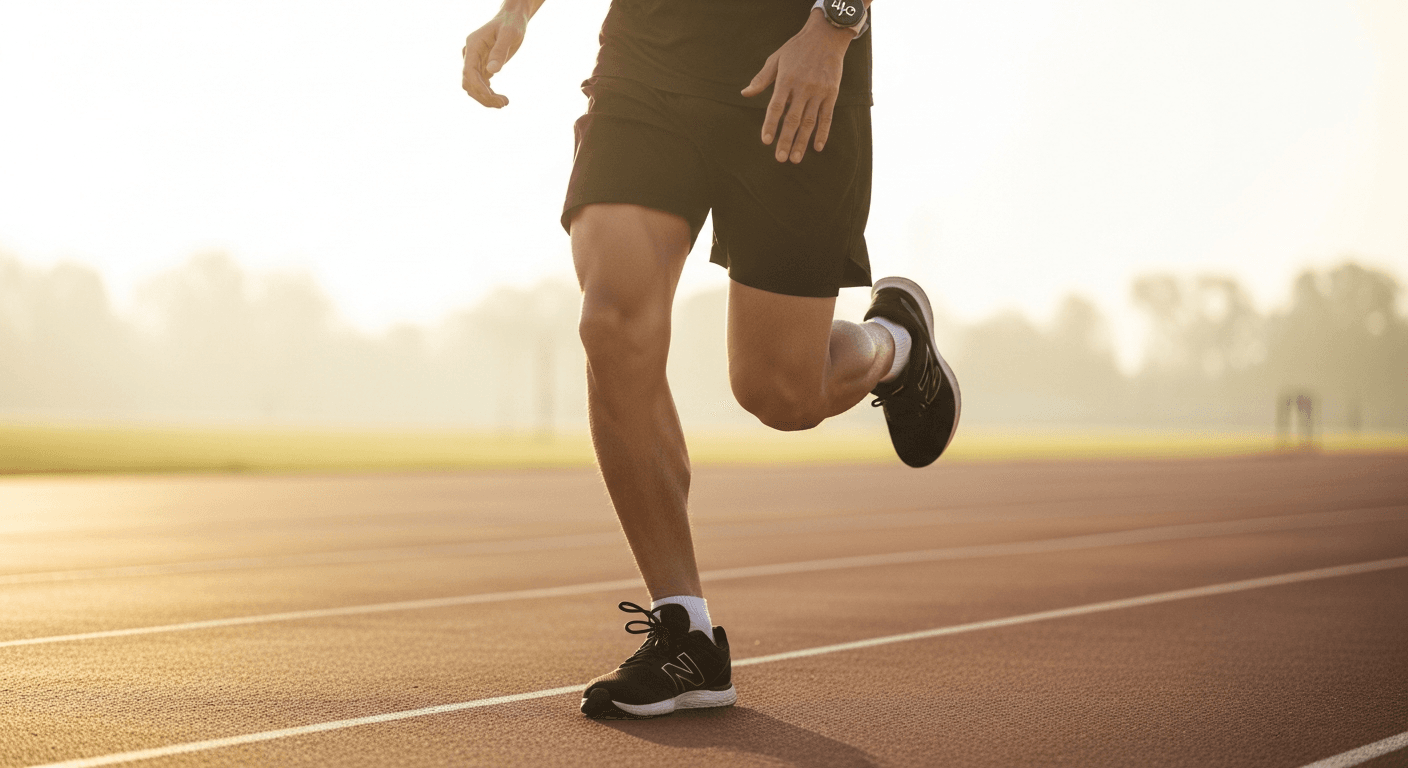 A beginner runner mid-stride on a track wearing a smartwatch, captured in soft golden morning light.