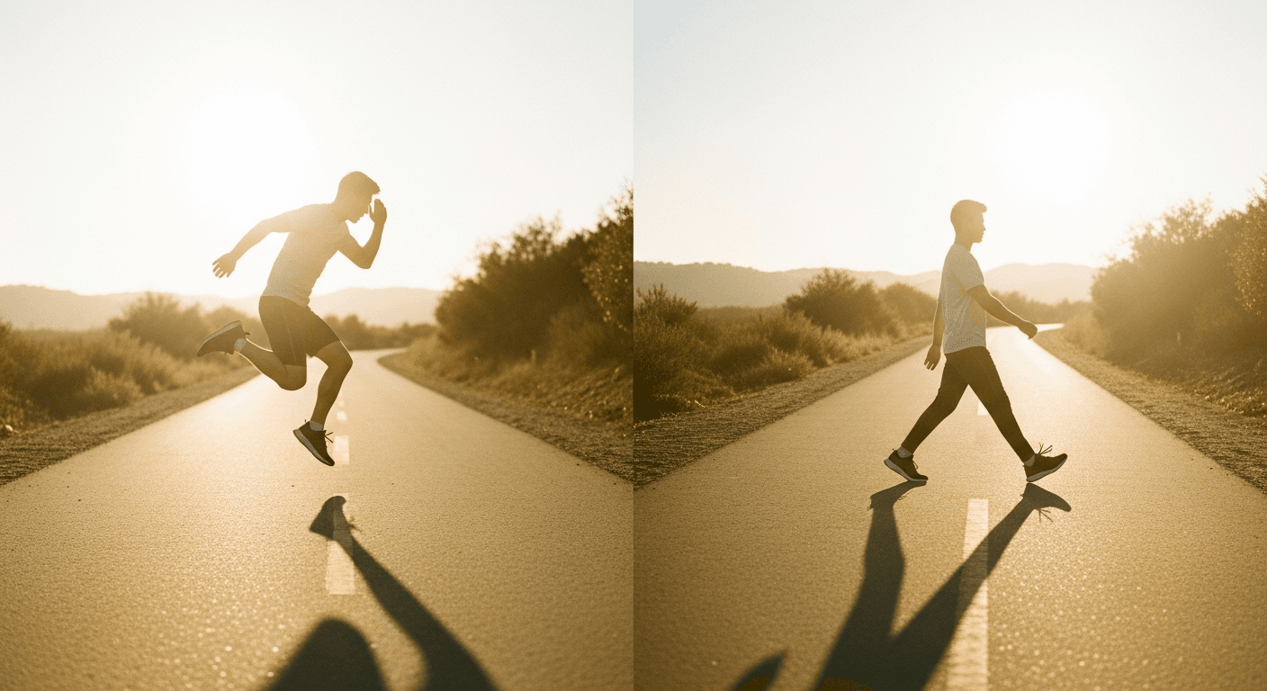 Two figures on a sunlit path: one jumping intensely, the other walking calmly in golden light.