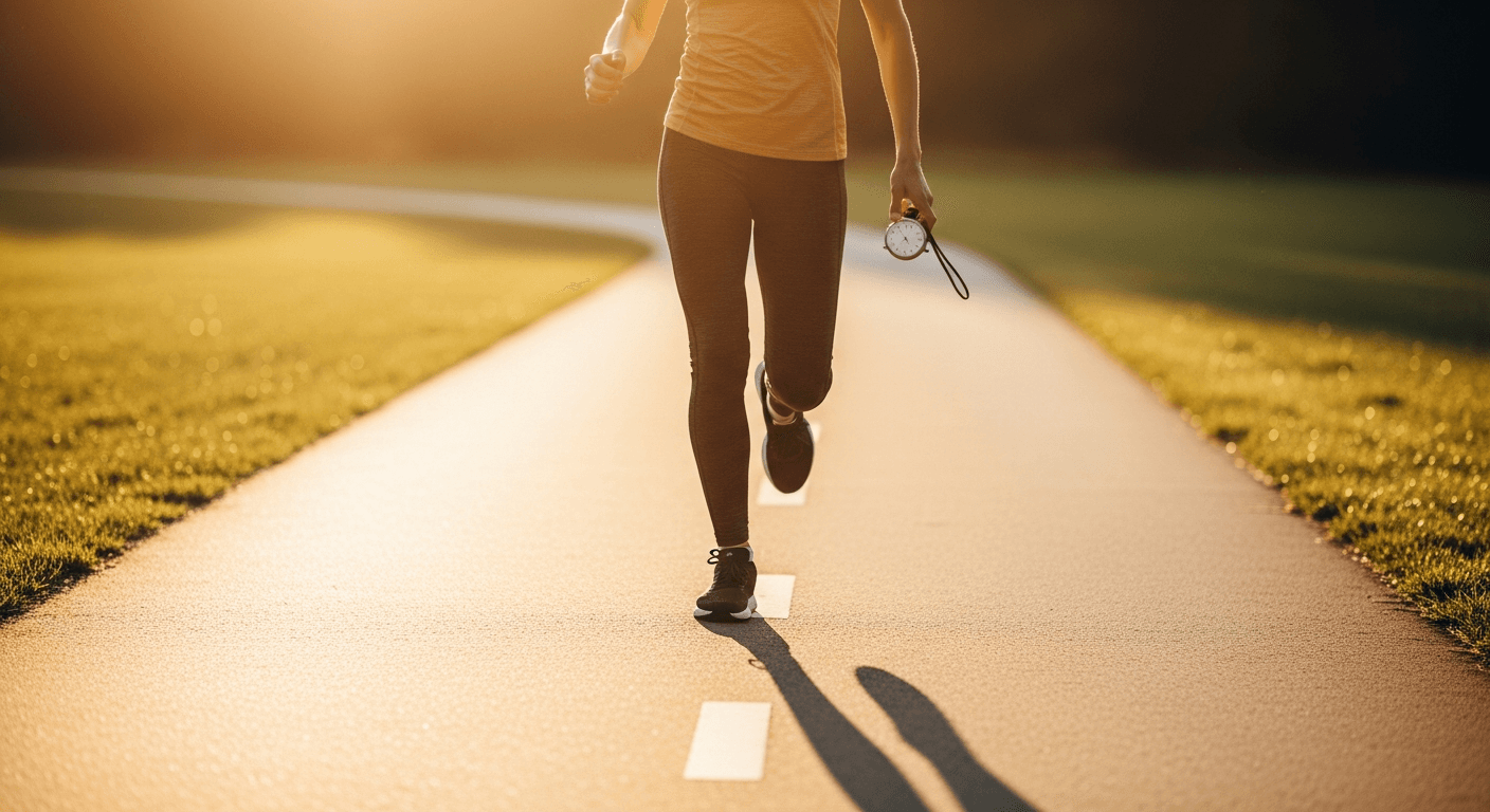 Athletic woman mid-stride during golden-hour run, holding an analog stopwatch on a sun-drenched park path.